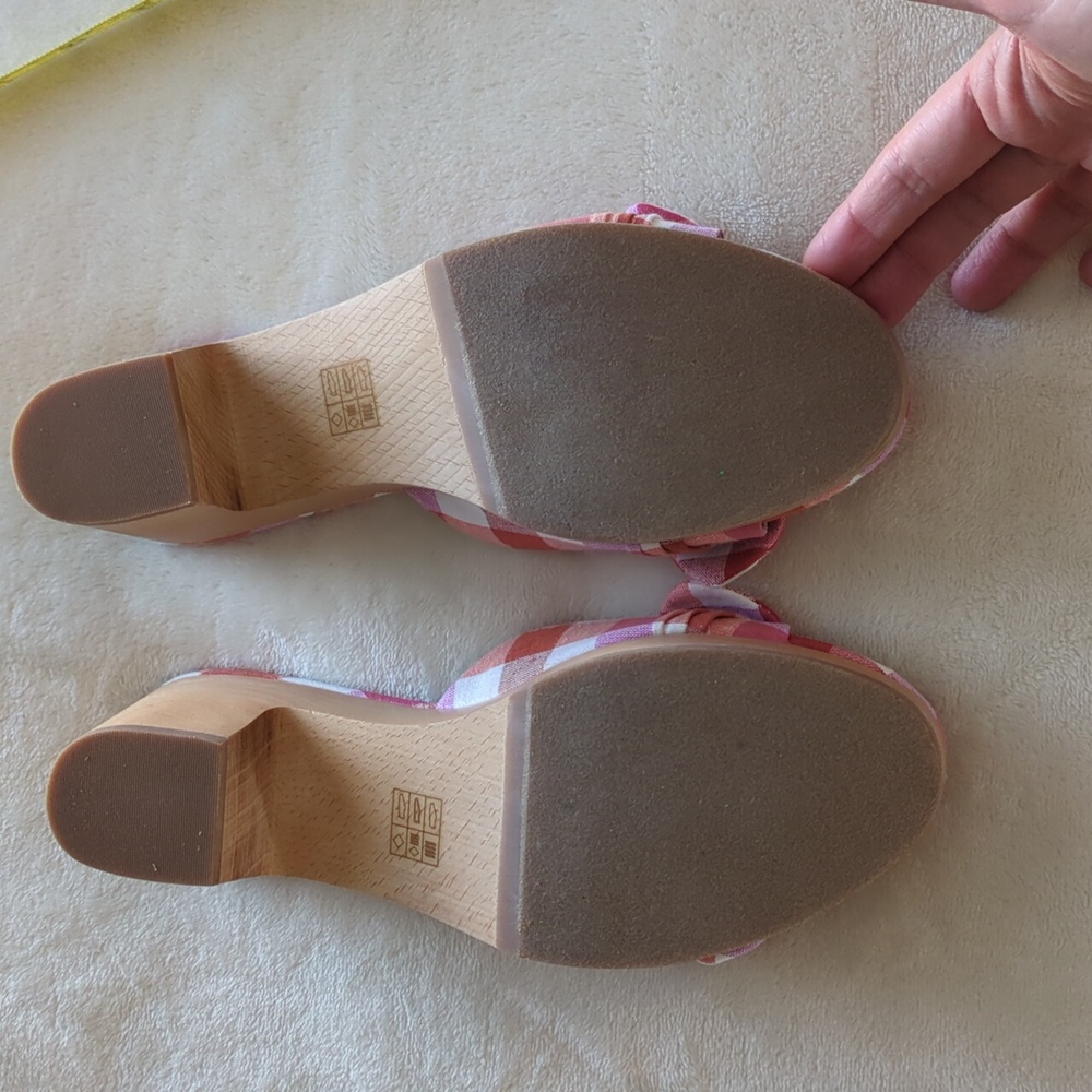 J. Crew Printed Plaid Clog Bow Heels Sandals Slide Sz 8 New Box Red White Purple - Picture 8 of 13